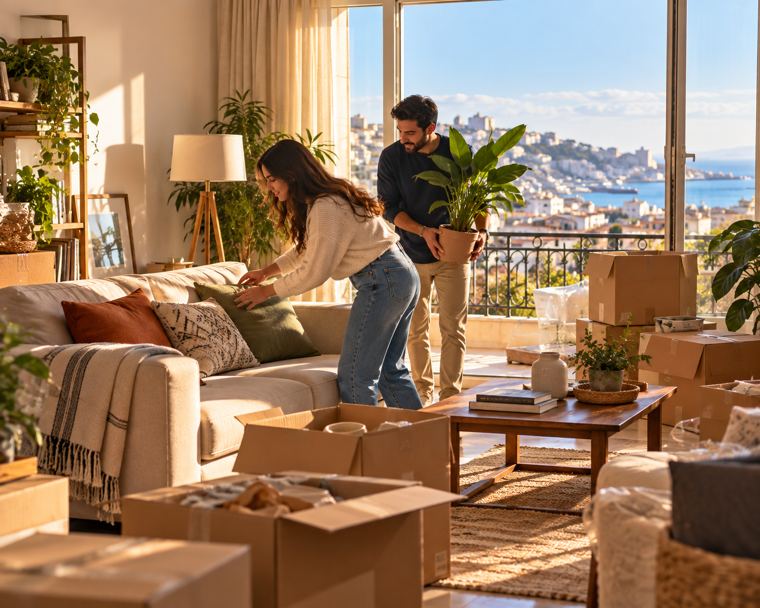 Un couple s'installe dans son nouvel appartement avec vue sur la mer