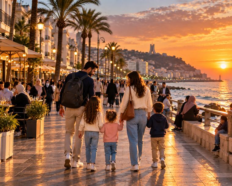 Une famille se promène sur le front de mer d'Alger au coucher du soleil