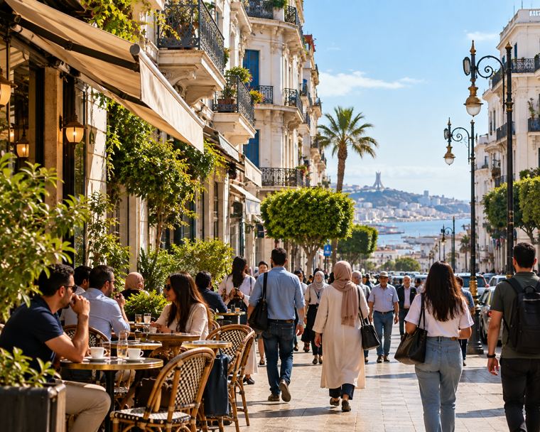 Une rue animée du centre d'Alger avec ses terrasses de café